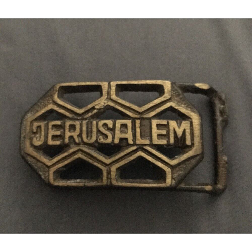 Jerusalem Belt Buckle Vintage Brass Metal Black Gold Design Hexagon